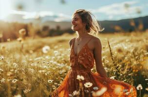 AI generated woman smiling in an orange dress on a field of daisy flowers photo