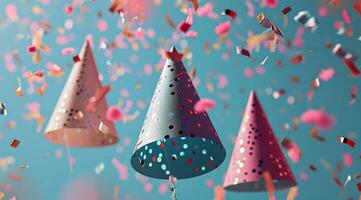 AI generated three colorful hats are flying in front of confetti photo