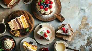 AI generated Assortment of pieces of cake on messy table photo