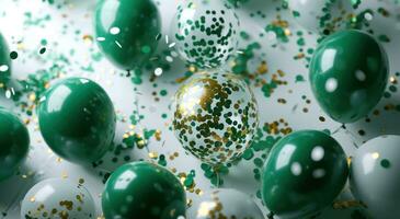 AI generated white frame full of green balloons, green confetti, and confetti photo