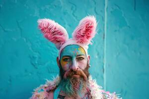 ai generado Conejo disfraz con barba y conejito orejas foto