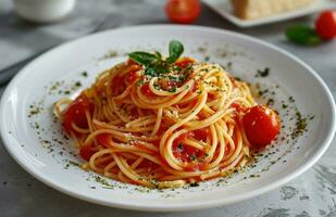 ai generado espaguetis en blanco plato con tomate foto