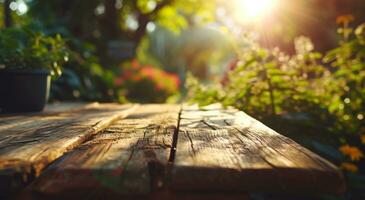 AI generated wooden table top on landscape background in blurry sunlight photo