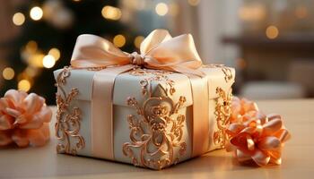 AI generated Shiny gift box wrapped in gold, illuminating Christmas celebration generated by AI photo