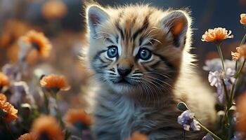 AI generated Cute kitten sitting in meadow, staring at yellow flower generated by AI photo