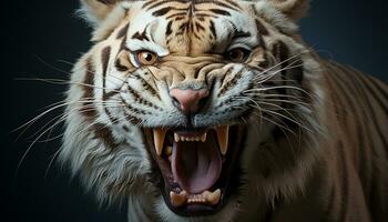 ai generado majestuoso Tigre rugido, feroz y en peligro, curioso a cámara generado por ai foto