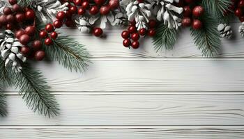 AI generated Christmas decoration on rustic wood plank with evergreen wreath generated by AI photo