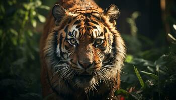 AI generated Majestic Bengal tiger staring, wild beauty in nature portrait generated by AI photo