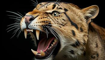 ai generado majestuoso Bengala Tigre rugido, feroz ojos, peligroso dientes generado por ai foto