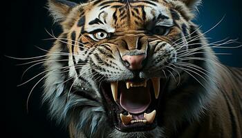 AI generated Majestic Bengal tiger roaring, fierce and endangered in nature generated by AI photo