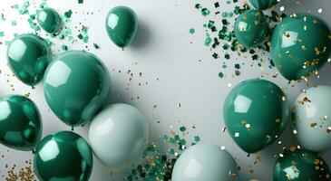 AI generated white frame full of green balloons, green confetti, and confetti photo