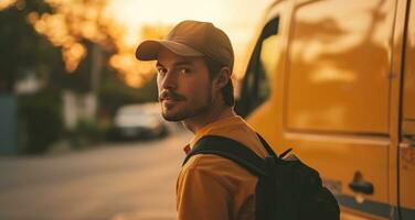 AI generated young man in face next to a delivery van photo