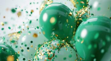 AI generated white frame full of green balloons, green confetti, and confetti photo