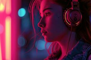 AI generated young woman with headphones in front of light photo