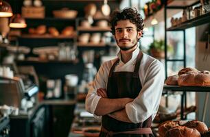 ai generado joven restaurante negocio trabajador en un profesional negocio vestir en frente de panadería foto