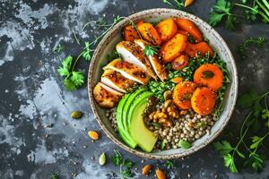 AI generated Bowl Buddha. Buckwheat, pumpkin, chicken fillet, avocado, carrots photo