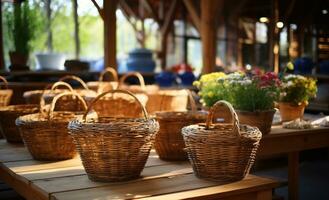 AI generated baskets of flowers sit on top of tables in a garden center photo