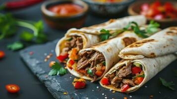 AI generated Burritos wraps with beef and vegetables on black background photo