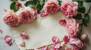 ai generado blanco papel con rosado rosas y pétalo flores antecedentes foto