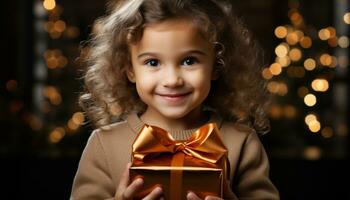 AI generated Smiling girl holds Christmas gift, radiating happiness and joy generated by AI photo