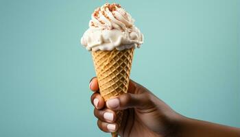 AI generated A hand holding a gourmet ice cream cone, indulging in sweetness generated by AI photo