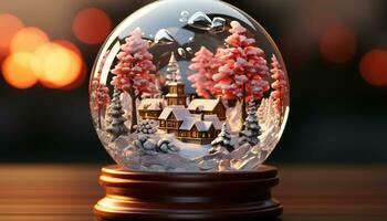 AI generated Winter spirituality illuminated through snow globe glowing decoration generated by AI photo