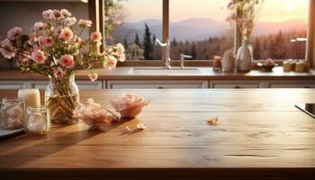 AI generated Modern kitchen with wooden table, vase of flowers, and sunset generated by AI photo