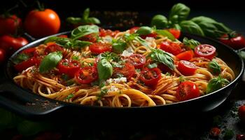 AI generated Fresh, healthy pasta meal with tomato, mozzarella, and parsley generated by AI photo