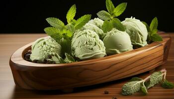 ai generado frescura en un cuenco menta hoja hielo crema cucharón generado por ai foto