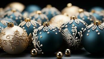 AI generated Winter celebration shiny gold ornament on blue background generated by AI photo