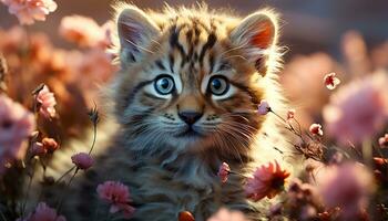 AI generated Cute kitten playing in the meadow, surrounded by beautiful flowers generated by AI photo