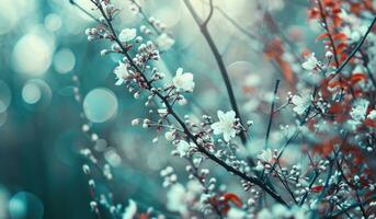 AI generated bokeh, color fading and white branches with white flowers photo