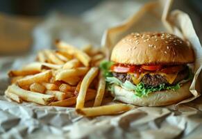 ai generado hamburguesa y papas fritas sentado en papel foto