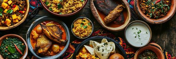 AI generated Assortment of African traditional dishes. African food photo