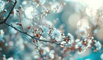 AI generated bokeh, color fading and white branches with white flowers photo