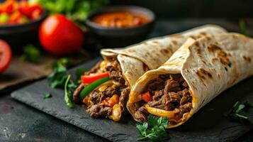 AI generated Burritos wraps with beef and vegetables on black background photo