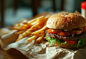 AI generated burger and fries sitting on paper photo