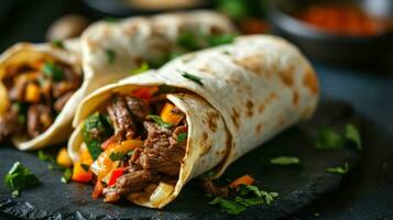 AI generated Burritos wraps with beef and vegetables on black background photo