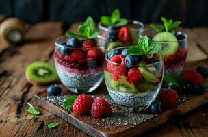 AI generated chia seed pudding with berries and kiwis in glasses photo