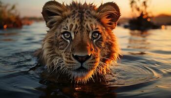 ai generado majestuoso león curioso, reflejando belleza en naturaleza tranquilo puesta de sol generado por ai foto