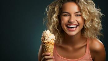AI generated Smiling woman enjoying ice cream, pure happiness in one bite generated by AI photo