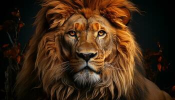 ai generado majestuoso león, Rey de el sabana, curioso con feroz ojos generado por ai foto
