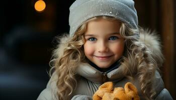 AI generated Smiling Caucasian girl in winter, enjoying snow and warmth generated by AI photo