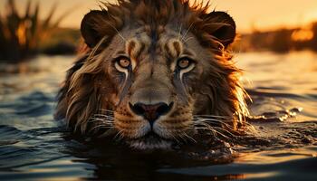 AI generated Majestic lion staring, reflecting beauty in nature tranquil wilderness generated by AI photo