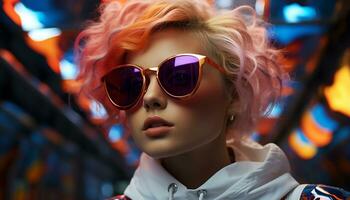 AI generated Young adult woman with sunglasses looking at camera, outdoors at night generated by AI photo