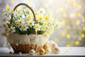 AI generated easter basket with many colorful easter eggs with decorations photo