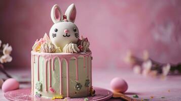AI generated Easter bunny celebration cake on a pink background photo