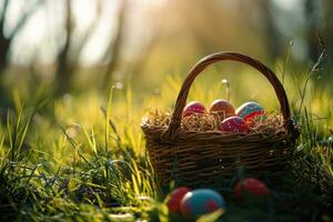 AI generated easter basket with many colorful easter eggs with decorations photo