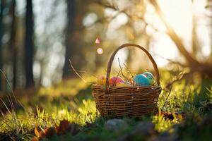 AI generated easter basket with many colorful easter eggs with decorations photo