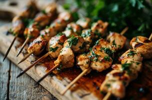 AI generated chicken kebabs and parsley on sticks on a wooden table photo